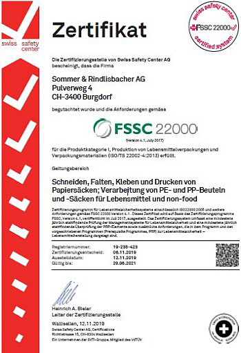 Sommer + Rindlisbacher - Zertifikat FSSC 22000 Sommer + Rindlisbacher - Zertifikat FSSC 22000